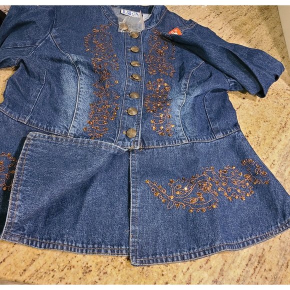 New! Vintage BEA Size 12P Jean Denim Shirt Blazer Gold Button Embroidered Sequin - Picture 8 of 12